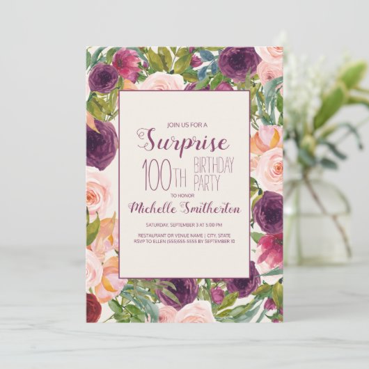 Burgundy Blush Pink Floral 100th Birthday Kaart (Staand voorkant)