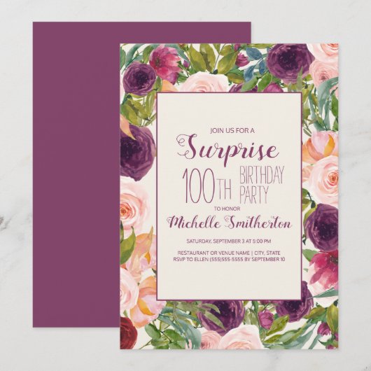 Burgundy Blush Pink Floral 100th Birthday Kaart (Voorkant / Achterkant)