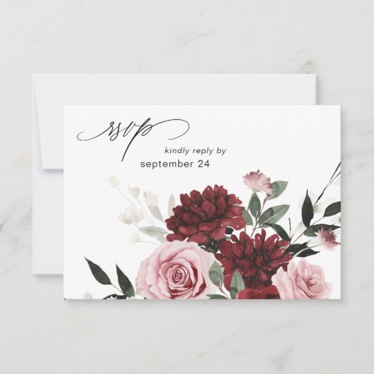 Burgundy & Blush Pink Floral 6 w Meal RSVP Card (Voorkant)