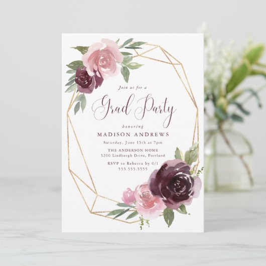 Burgundy & Blush Pink Floral | Afstudeerpartij Kaart (Staand voorkant)