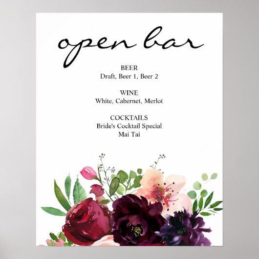 Burgundy & Blush Pink Floral Bar Sign Poster (Voorkant)