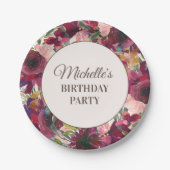 Burgundy Blush Pink Floral Birthday Party Papieren Bordje (Voorkant)