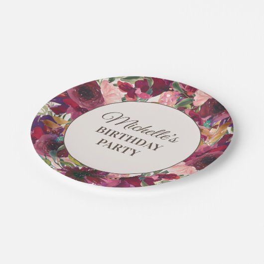 Burgundy Blush Pink Floral Birthday Party Papieren Bordje (Gekanteld)