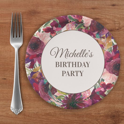 Burgundy Blush Pink Floral Birthday Party Papieren Bordje