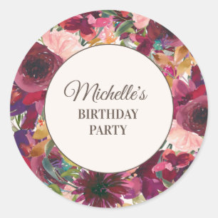 Burgundy Blush Pink Floral Birthday Party Ronde Sticker