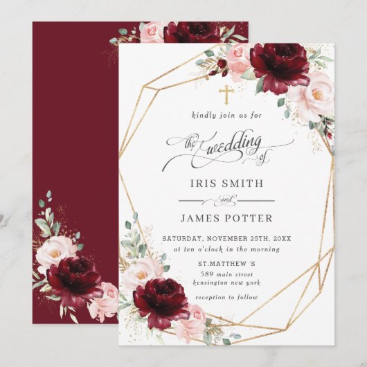 Burgundy Blush Pink Floral Church Wedding   Kaart (Voorkant / Achterkant)