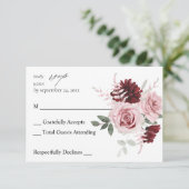 Burgundy & Blush Pink Floral Ele 6 no Meal RSVP (Staand voorkant)