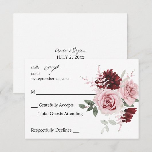 Burgundy & Blush Pink Floral Ele 6 no Meal RSVP (Voorkant / Achterkant)