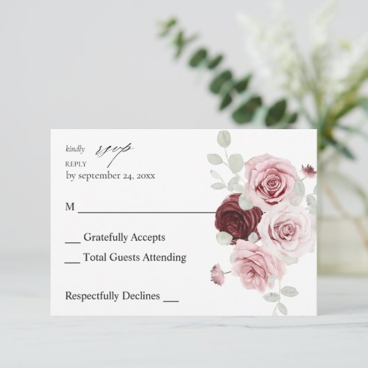 Burgundy & Blush Pink Floral Ele 6 no Meal RSVP 2 (Staand voorkant)