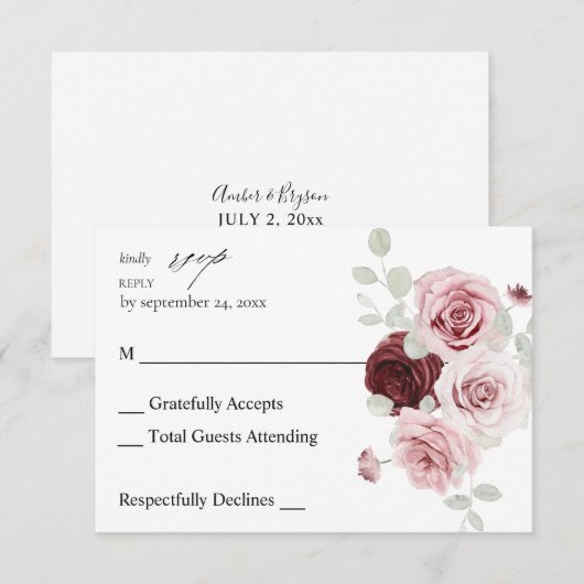 Burgundy & Blush Pink Floral Ele 6 no Meal RSVP 2 (Voorkant / Achterkant)