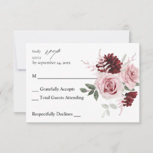 Burgundy & Blush Pink Floral Ele 6 no Meal RSVP Kaartje