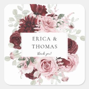 Burgundy & Blush Pink Floral Ele Dank je Vierkante Sticker