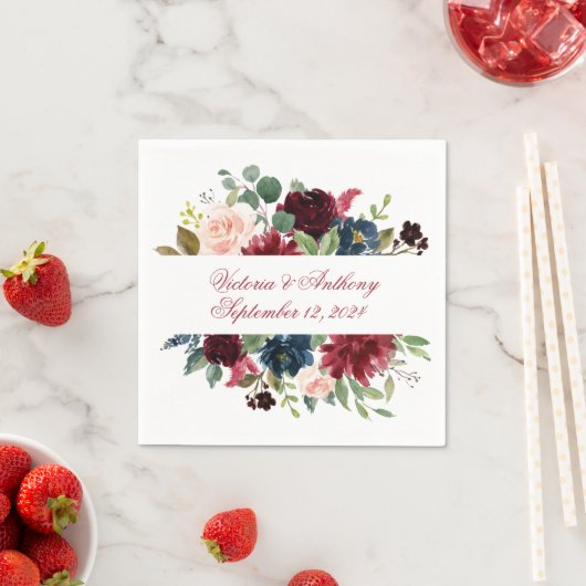 Burgundy Blush Pink Floral Elegant Script Weduwsch Servet (Insitu)