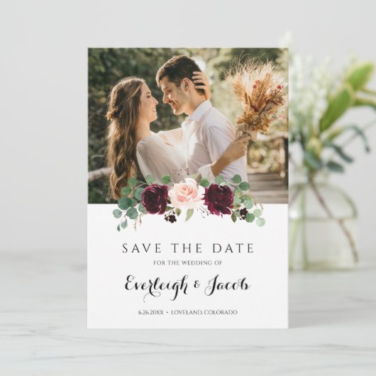 Burgundy Blush Pink Floral Eucalyptus Weddenschap Save The Date (Staand voorkant)
