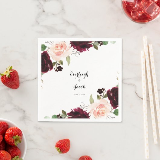 Burgundy Blush Pink Floral Eucalyptus Weddenschap Servet (Insitu)