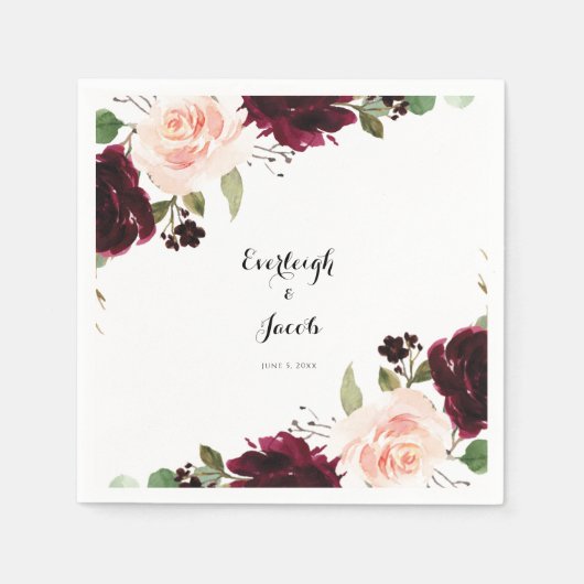 Burgundy Blush Pink Floral Eucalyptus Weddenschap Servet (Voorkant)