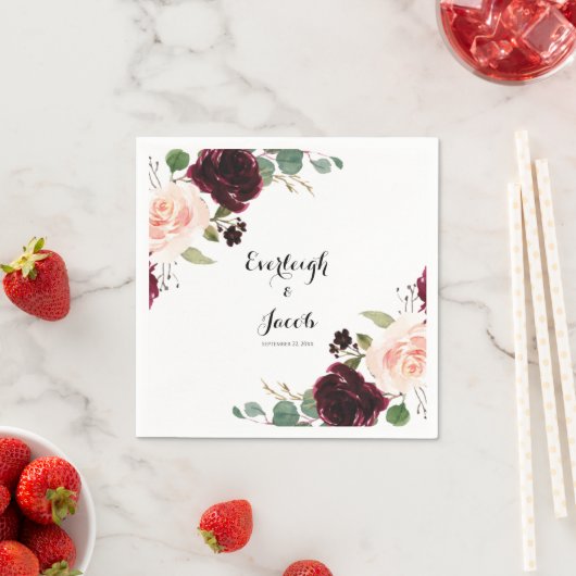 Burgundy Blush Pink Floral Eucalyptus Weddenschap Servet (Insitu)