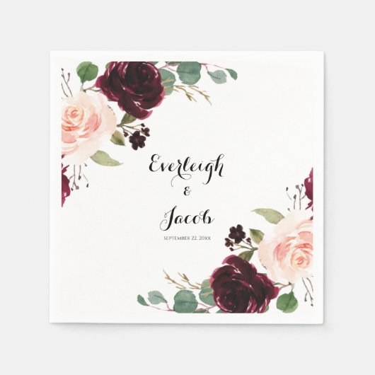 Burgundy Blush Pink Floral Eucalyptus Weddenschap Servet (Voorkant)