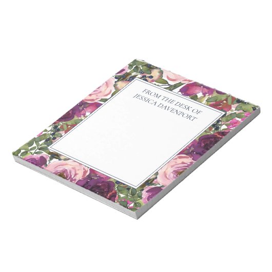 Burgundy Blush Pink Floral Foliage van Desk Notitieblok (Linkerzijde)