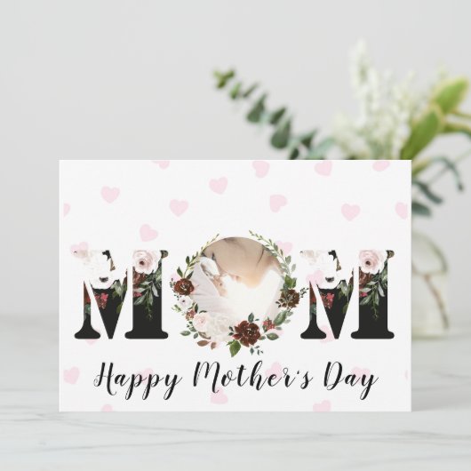 Burgundy Blush Pink Floral Foto Moederdag Kaart (Staand voorkant)