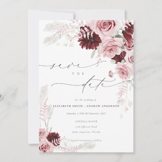 Burgundy Blush Pink Floral Foto Save the Date Kaart (Voorkant)