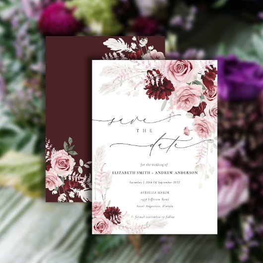Burgundy Blush Pink Floral Foto Save the Date Kaart