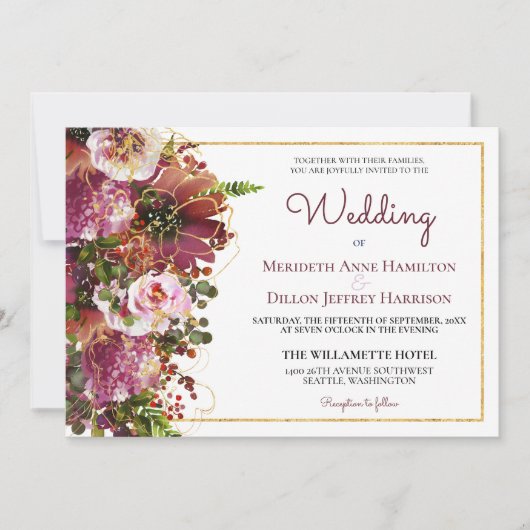 Burgundy Blush Pink Floral Gold in één huwelijk Kaart (Voorkant)