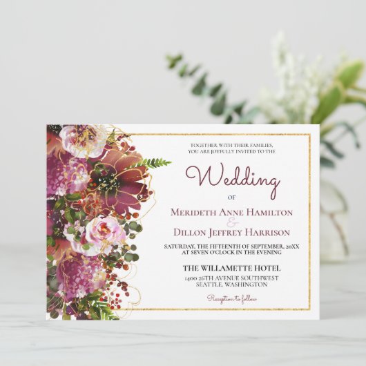 Burgundy Blush Pink Floral Gold in één huwelijk Kaart (Staand voorkant)