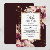 Burgundy Blush Pink Floral & Gold Lijst & Lichten Kaart (Voorkant / Achterkant)