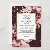 Burgundy Blush Pink Floral & Gold Lijst & Lichten Kaart (Voorkant)