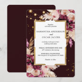 Burgundy Blush Pink Floral & Gold Lijst & Lichten Kaart (Voorkant / Achterkant)