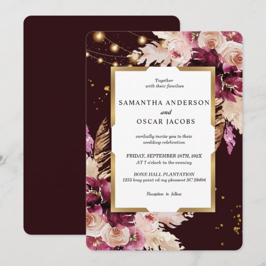 Burgundy Blush Pink Floral & Gold Lijst & Lichten Kaart (Voorkant / Achterkant)
