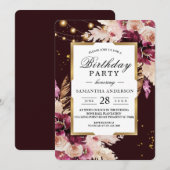 Burgundy Blush Pink Floral & Gold Lijst & Lichten Kaart (Voorkant / Achterkant)