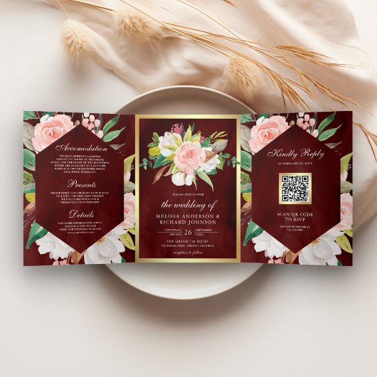 Burgundy Blush Pink Floral Gold QR Code Weddenscha Drieluik Uitnodiging