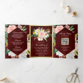 Burgundy Blush Pink Floral Gold QR Code Weddenscha Drieluik Uitnodiging (Binnen)
