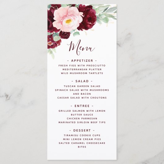 Burgundy Blush Pink Floral Greenery Wedding Menu (Voorkant)