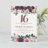 Burgundy Blush Pink Floral Leaves 16e verjaardag Kaart (Staand voorkant)