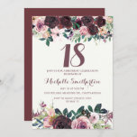 Burgundy Blush Pink Floral Leaves 18th Birthday Kaart<br><div class="desc">Elegant burgundy en blush roze waterverf floral with sage green bladeren op white 18th verjaardagsfeestuitnodiging met een prachtige calligrafiescriptlettertype.</div>