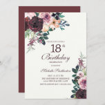 Burgundy Blush Pink Floral Leaves 18th Birthday Kaart<br><div class="desc">Elegant burgundy and blush roze waterverf floral with sage green leaves on white 18th verjaardagsparty call with an elegant calligraphy script font.</div>