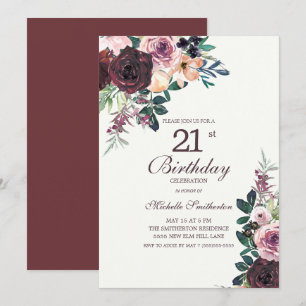 Burgundy Blush Pink Floral Leaves 21st Birthday Kaart