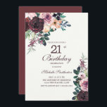 Burgundy Blush Pink Floral Leaves 21st Birthday Kaart<br><div class="desc">Elegant burgundy and blush roze waterverf floral with sage green leaves on white 21st verjaardagsparty call with an elegant calligraphy script font.</div>