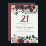 Burgundy Blush Pink Floral Leaves 21st Birthday Kaart<br><div class="desc">Elegant burgundy en blush roze waterverf floral with sage green bladeren op white 21st verjaardagsfeestuitnodiging met een prachtige calligrafiescriptlettertype.</div>