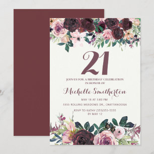 Burgundy Blush Pink Floral Leaves 21st Birthday Kaart