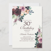 Burgundy Blush Pink Floral Leaves 30th Birthday Kaart (Voorkant)