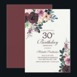 Burgundy Blush Pink Floral Leaves 30th Birthday Kaart<br><div class="desc">Elegant burgundy and blush roze waterverf floral with sage green leaves on white 30th verjaardagsparty call with an elegant calligraphy script font.</div>