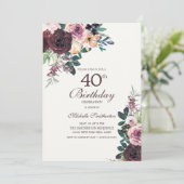 Burgundy Blush Pink Floral Leaves 40th Birthday Kaart (Staand voorkant)