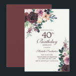 Burgundy Blush Pink Floral Leaves 40th Birthday Kaart<br><div class="desc">Elegant burgundy and blush roze waterverf floral with sage green leaves on white 40th verjaardagsparty call with an elegant calligraphy script font.</div>