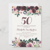 Burgundy Blush Pink Floral Leaves 50th Birthday Kaart (Voorkant)