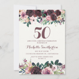 Burgundy Blush Pink Floral Leaves 50th Birthday Kaart