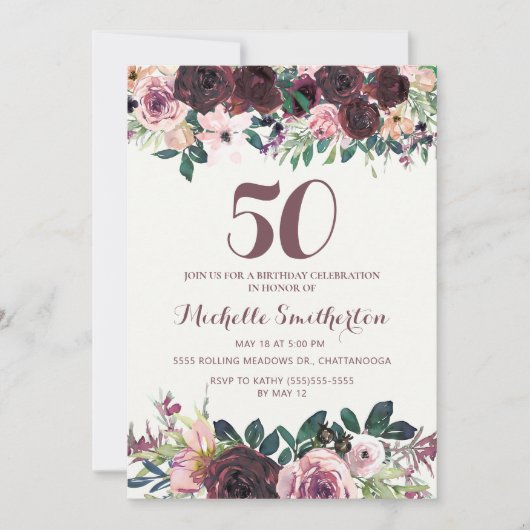 Burgundy Blush Pink Floral Leaves 50th Birthday Kaart (Voorkant)